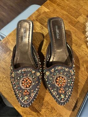 Matisse Brown Embellished Beaded Pointed Mules